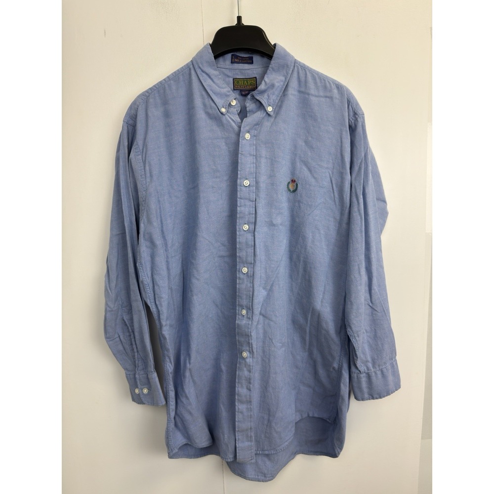 VINTAGE Chaps Ralph Lauren Shirt Men's 16.5 Blue Denim Long‎ Sleeve Crest Cotton